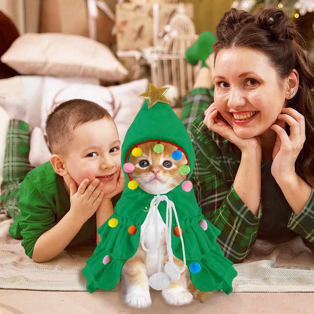 Green Pet Christmas Cloak Star Pompoms Elf Costumes for Small Dogs Cats