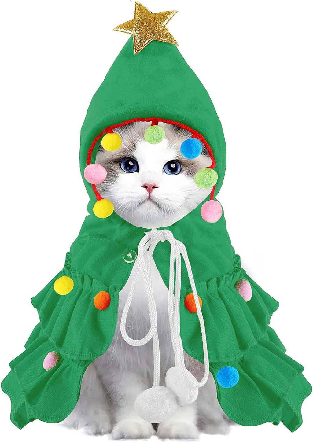 Green Pet Christmas Cloak Star Pompoms Elf Costumes for Small Dogs Cats