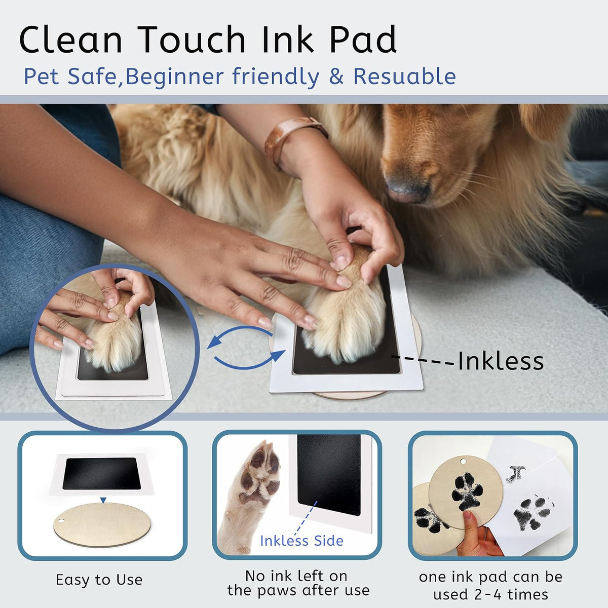 Inkless Pet Paw Print Kit,Dog Nose Print Kit,Ink Paw Print Ornament for Dogs Cats,Clean Touch Ink Pad,Mess Free,Pawprints Memorial Keepsakes,Pets Paw Print Impression Kit-4 Pack