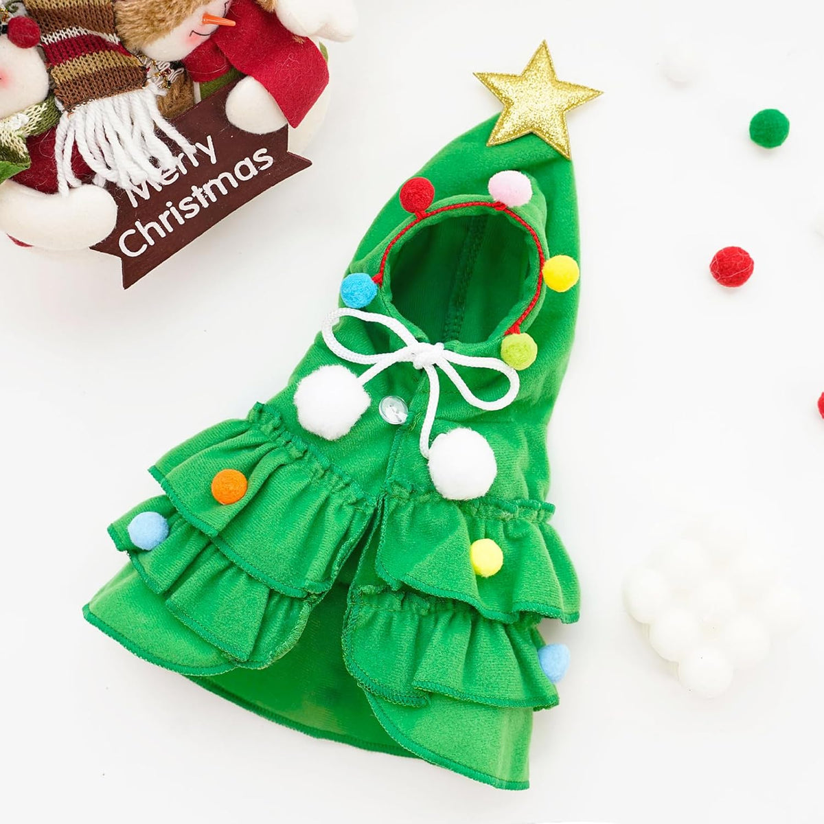 Green Pet Christmas Cloak Star Pompoms Elf Costumes for Small Dogs Cats