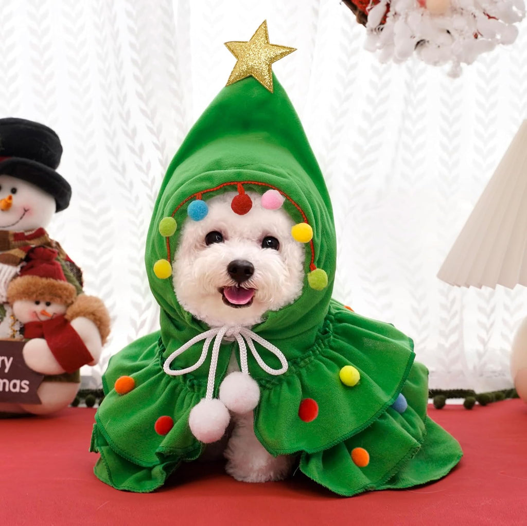 Green Pet Christmas Cloak Star Pompoms Elf Costumes for Small Dogs Cats