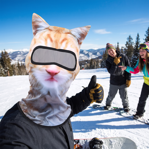Cat face ski mask on the slopes
