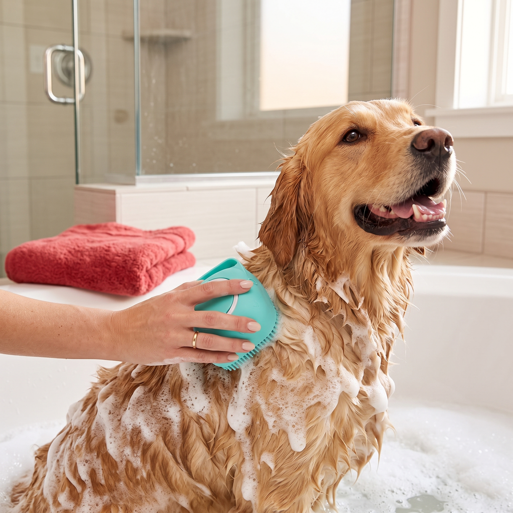 Bath brush in use on a golden retriever