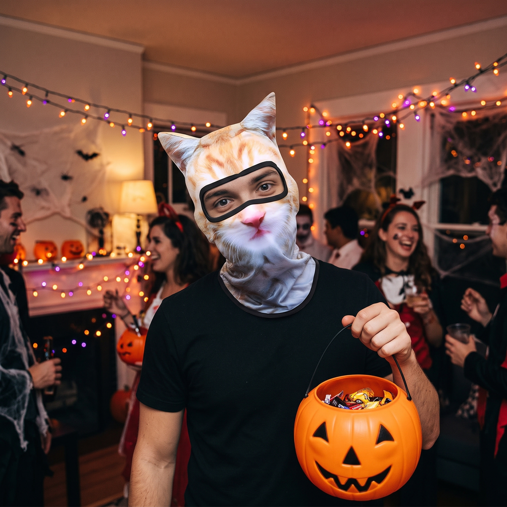 Cat face mask at a Halloween party