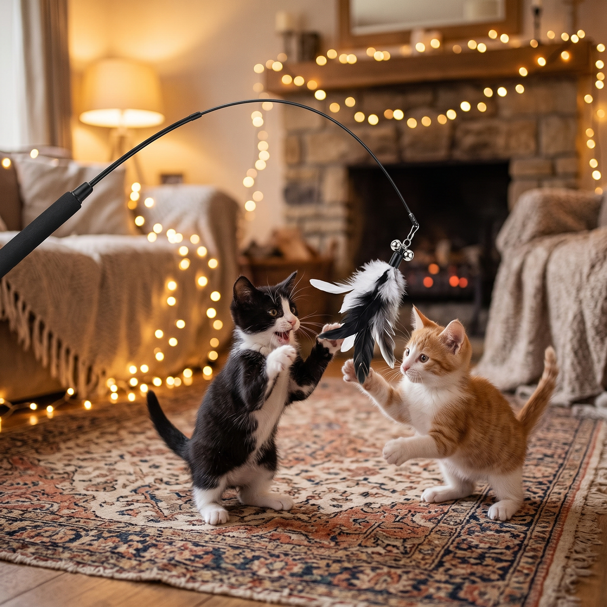 Kittens playing with the feather wand