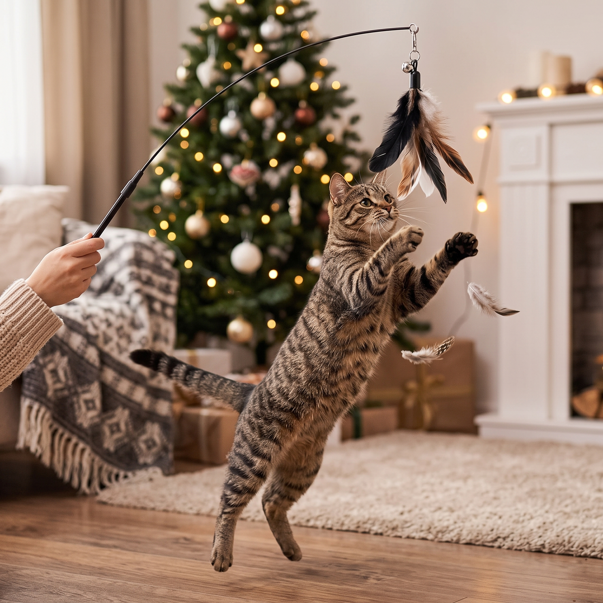 Cat jumping for the feather wand