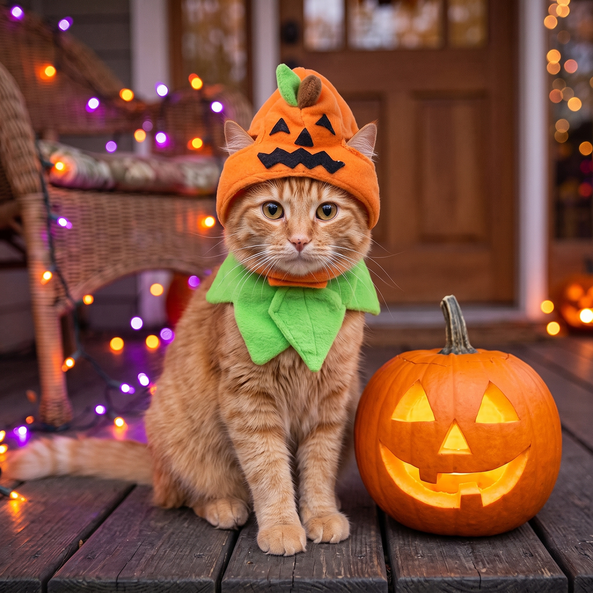 Cat wearing the pumpkin costume