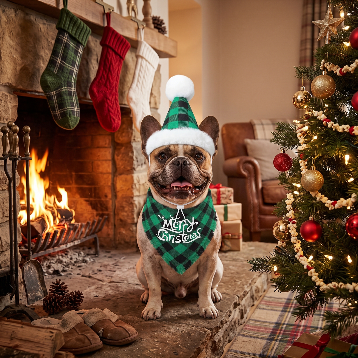 French bulldog in the Christmas outfit
