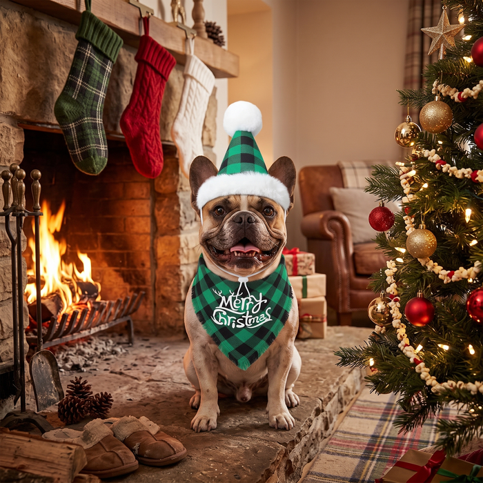 Christmas Outfit Set: Plaid Bandana, Bow Tie & Hat